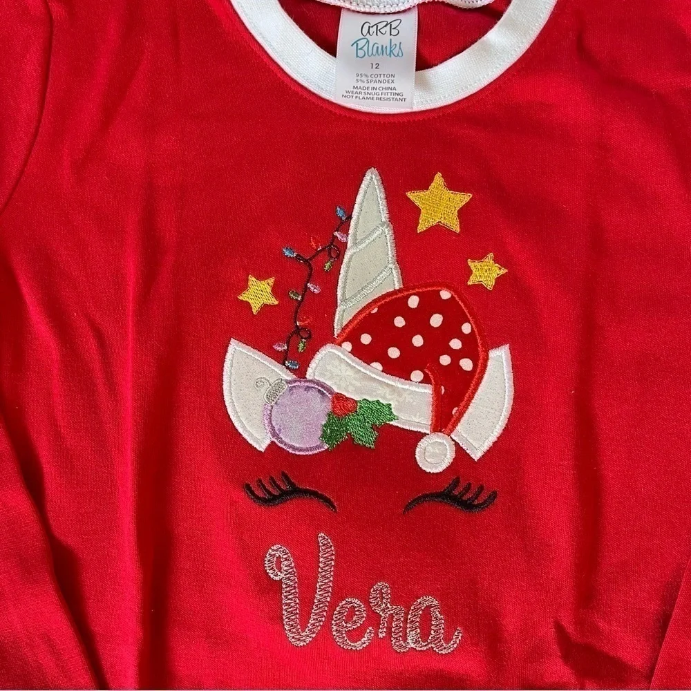 Christmas unicorn long sleeve red and white pajamas personalized name “Vera”